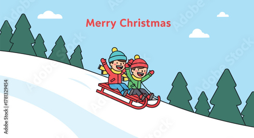 Two happy children in winter clothing sledding down a snowy hill with pine trees and clouds