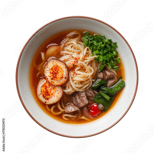 Delicious Bowl of Noodles Topped With Meat and Egg in Savory Broth Ready to B...