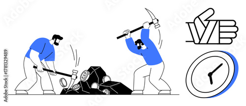 Two workers use hammer and pickaxe to break rocks, accompanied by a clock and thumbs-up symbol. Ideal for concepts thumbs up teamwork, hard work, productivity, time management, deadlines, efficiency