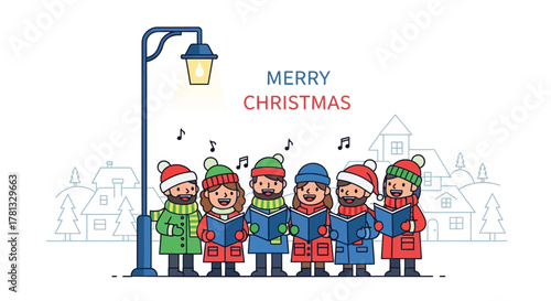 Happy diverse group of carolers singing christmas songs under a street lamp in a snowy village