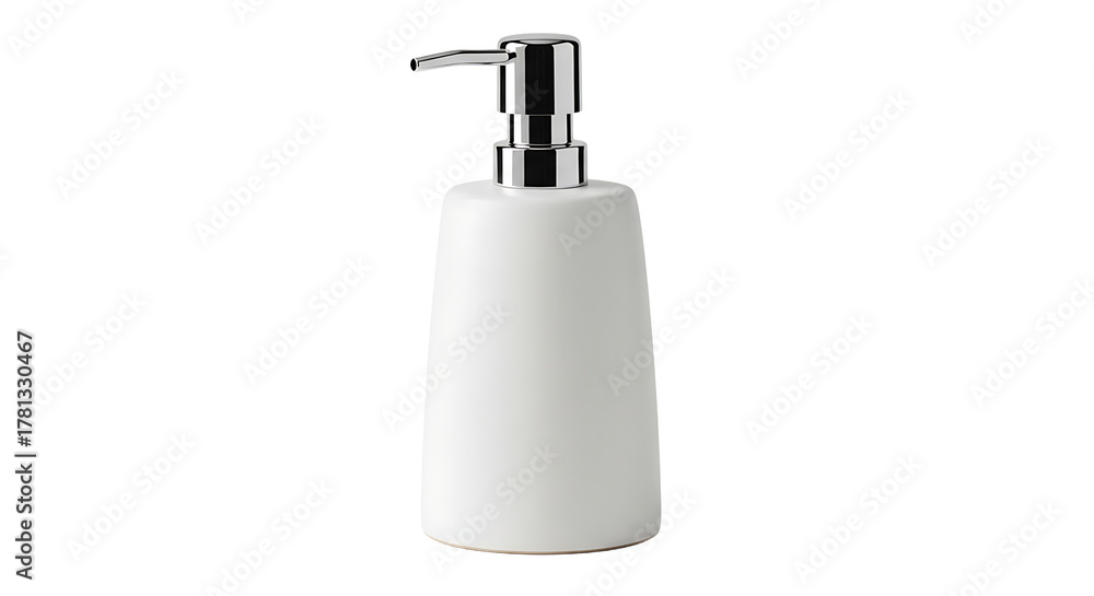 Obraz premium A sleek, minimalist white ceramic dispenser with a chrome pump, elegantly simple and hygienically efficient for daily use.