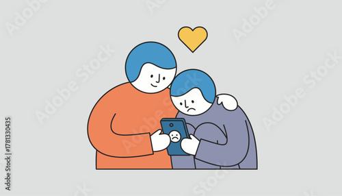 Two friends sit together one comforting the other who appears upset while looking at their phone depicting the importance of support.