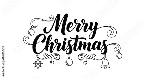 Elegant black and white merry christmas calligraphy with ornaments and star
