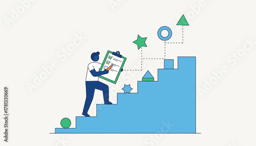 An individual with a checklist ticking off completed objectives while climbing a staircase representing progress toward larger aspirations.