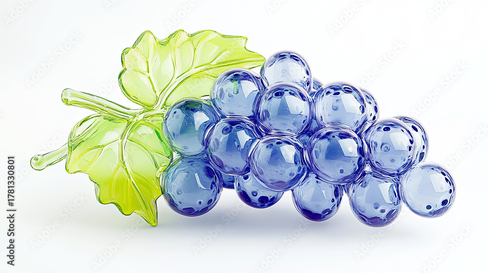 Fototapeta premium decorative glass sculpture of bunch of grapes with green leaves, vibrant colors and intricate details. This piece adds touch of elegance to any setting