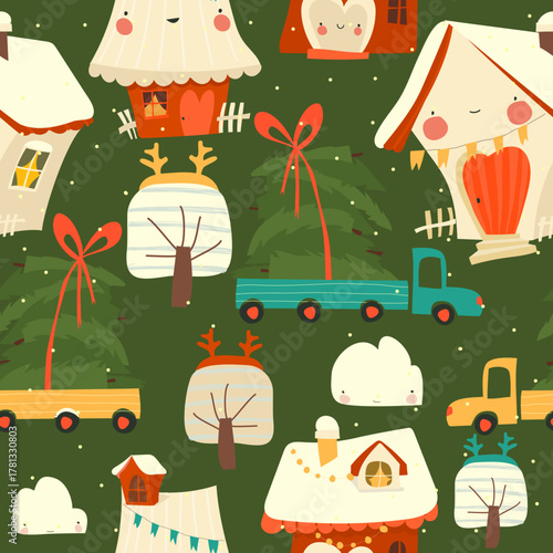 Seamless Pattern with Cute Christmas Houses and Car With Stack of Firs