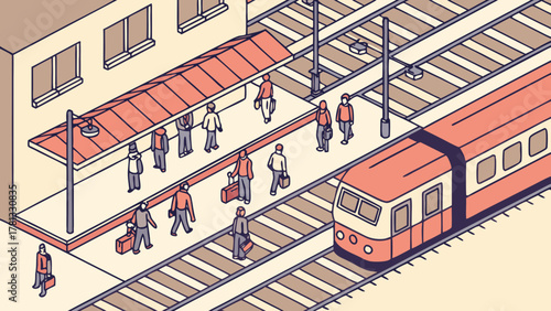 Isometric vector depiction of a bustling train platform with passengers and luggage, travel, busy.