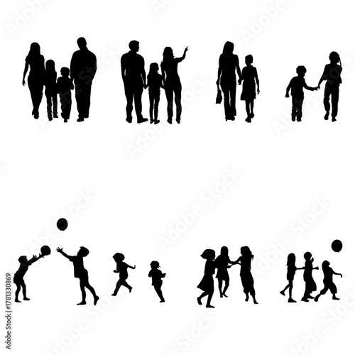 Modern vector set of 20 silhouettes of families and children in natural poses - walking together, holding hands, and playing with a ball. Minimalist black design for creative use in architecture