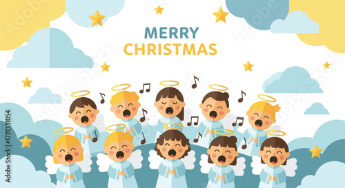 Cute cartoon children angels singing christmas carols with halos and wings in a starry sky