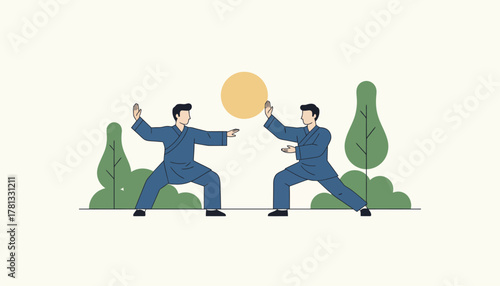Two people enjoying a tranquil outdoor setting practicing tai chi together embodying the harmony between mind and body.