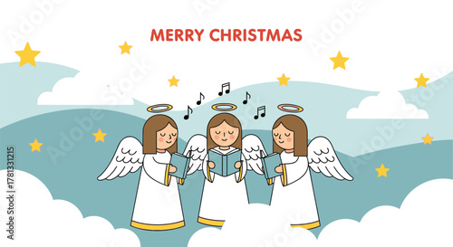Three cute cartoon angels singing christmas carols together under a starry sky