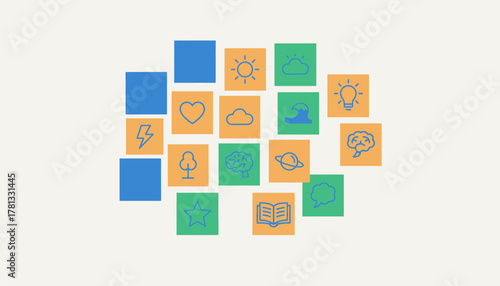 A colorful array of sticky notes organized on a wall each representing different song ideas and themes waiting to be developed.