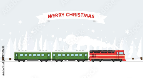 Festive red and green christmas train traveling through a snowy winter forest landscape with snowflakes