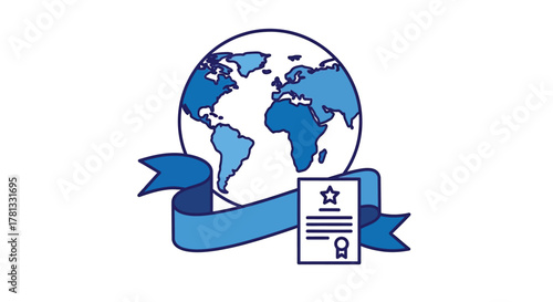 Globe with ribbon and certificate a striking blue design silhouette