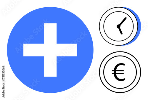 Blue plus surrounded by black and white clock and euro icons suggesting profit, balance, healthcare, and financial growth. Ideal for saving money, business, time management, finance, health