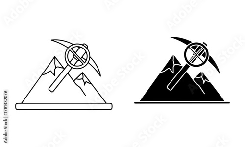 Mining Exploitation Ban Icon. Mountain with a mining pickaxe crossed out Vector.