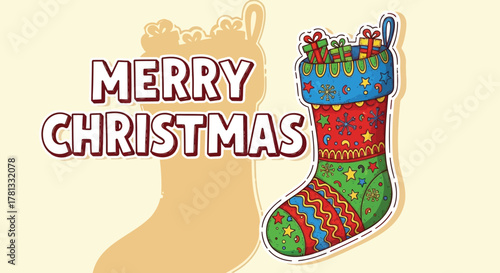 Colorful christmas stocking overflowing with gifts and merry christmas text on a festive background