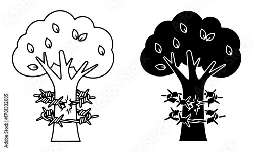 Nature Liberation Icons featuring barbed wire encircling a tree but broken Vector