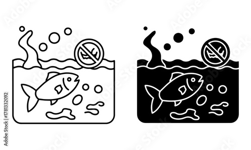Protect Aquatic Life Icons. Fish inside polluted water body with ban sign Vector