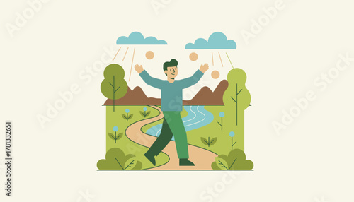 A person taking a nature walk reveling in the beauty around them promoting the mental health benefits of spending time outdoors.