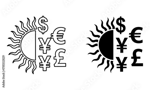 Global economy and currency exchange icons. Sun rising over dollar, euro, yen, pound vector. financial growth and international trade