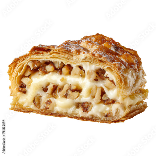 Delicious Walnut Pastry Slice Served With Cream in a Cozy Cafe Setting.