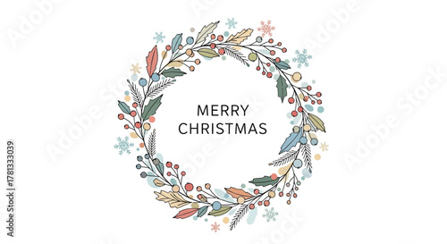Elegant merry christmas wreath with berries and snowflakes on white background