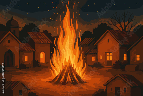 Large bonfire burning brightly in the center of a village at night, with surrounding houses lit by the warm glow of the flames.