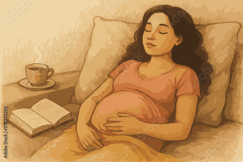 Pregnant young hispanic female resting on a couch with closed eyes, a tea cup, and an open book nearby, conveying relaxation and tranquility.