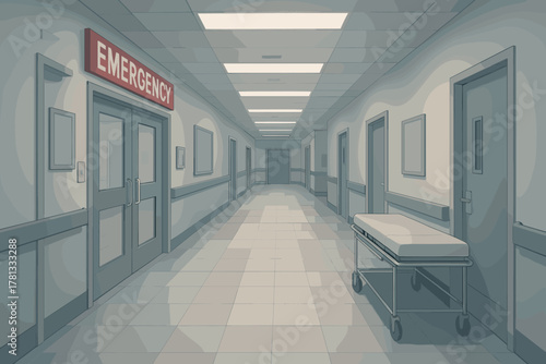 Empty hospital corridor with an examination trolley, featuring emergency room entrance and fluorescent ceiling lights.