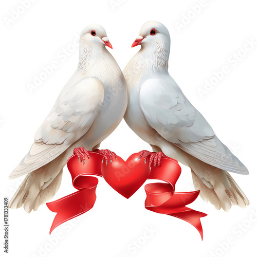 Two White Doves With a Red Heart and Ribbon Symbolize Love and Unity for Roma...
