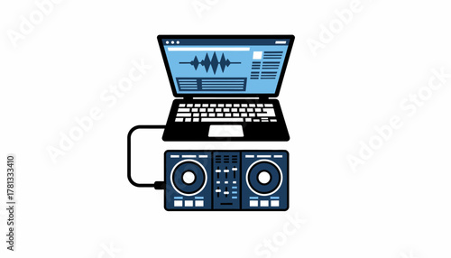 An overhead shot of a laptop connected to a DJ controller displaying a software interface loaded with waveforms and playlists.