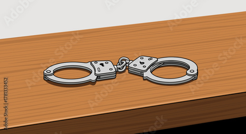 Metal handcuffs lying open on a wooden surface, illustrating concepts of law enforcement and security.