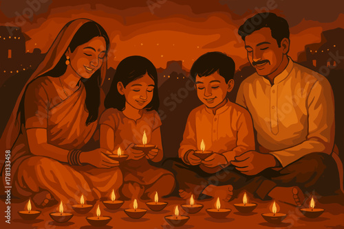 A happy south asian family, consisting of two adults and two children, sits on the ground holding lit oil lamps, surrounded by more lamps during diwali celebrations.