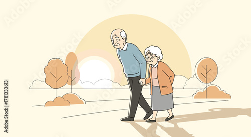 Elderly caucasian couple, a mature male and female, walking hand in hand in a park during sunset with autumn trees in the background.