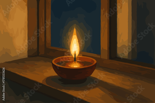 Warmly glowing candle in a shallow clay bowl, casting a soothing light against a wooden surface by a window.