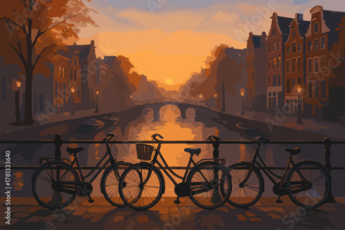 Three bicycles parked along a railing overlooking a tranquil canal at sunset, with warm colors reflecting off the water and historical dutch buildings in the background.