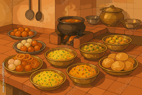 Traditional indian kitchen setting with various dishes, including curries and desserts, displayed around a cooking pot over an open fire on a tiled stove.