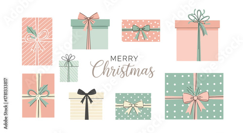 Collection of beautifully wrapped christmas presents in pastel colors with festive bows and merry christmas text