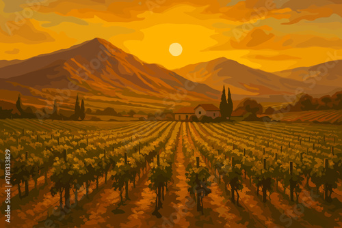A scenic vineyard at sunset with rows of grapevines leading towards distant mountains and a vibrant orange sky, capturing the beauty of a countryside landscape.