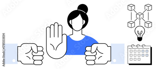 Woman raising hand to indicate pause or halt, hands clenched in disagreement, blockchain structure, idea lightbulb, and calendar. Ideal for conflict resolution, teamwork, innovation, digital tech