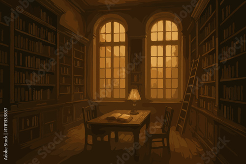 Cozy, dimly lit vintage library with tall bookshelves, a reading table, and a lamp illuminating open books near arched windows.