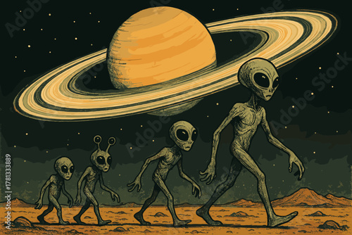 A group of extraterrestrial beings with varying features walk on a barren planet, with a large, ringed planet visible in the starry sky above.