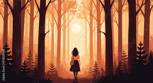 Silhouetted woman walks through a serene, misty forest at sunrise, surrounded by tall trees with warm autumn hues.
