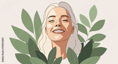 Smiling young caucasian female with closed eyes surrounded by lush green leaves, exuding a sense of tranquility and nature.
