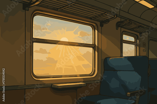 Interior of a train carriage with empty blue seats and a large window showing a warm, golden sunset with visible sun rays filtering through clouds.