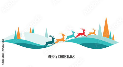Colorful reindeer herd running across snowy hills with christmas trees and merry christmas text