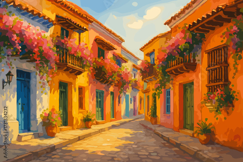 Vibrant street scene with colorful houses adorned with lush bougainvillea, featuring rustic balconies and charming doorways under a clear sky.