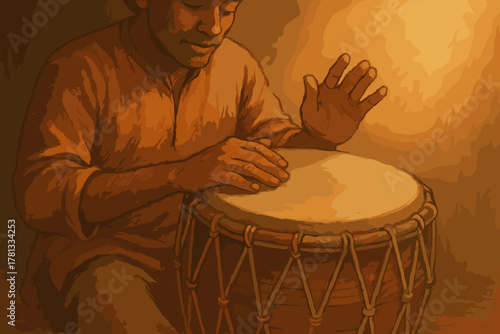 Young african male playing a traditional drum with hands, wearing an orange shirt, in warm lighting.