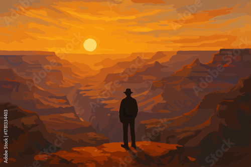 Silhouette of a person with a hat standing on a cliff edge, viewing a vibrant sunset over the expansive grand canyon landscape.